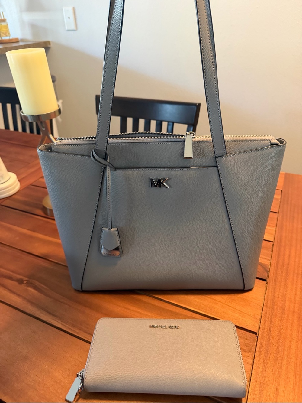 Michael Kors Light Gray Saffiano Leather Tote with Matching Wallet